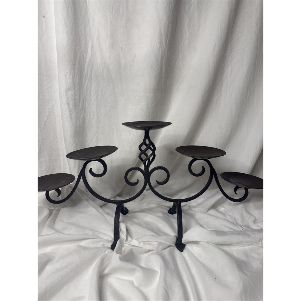 Vintage Twisted Wrought Iron 5 Pillar Ball Candle Holder Y2K Fireplace Insert